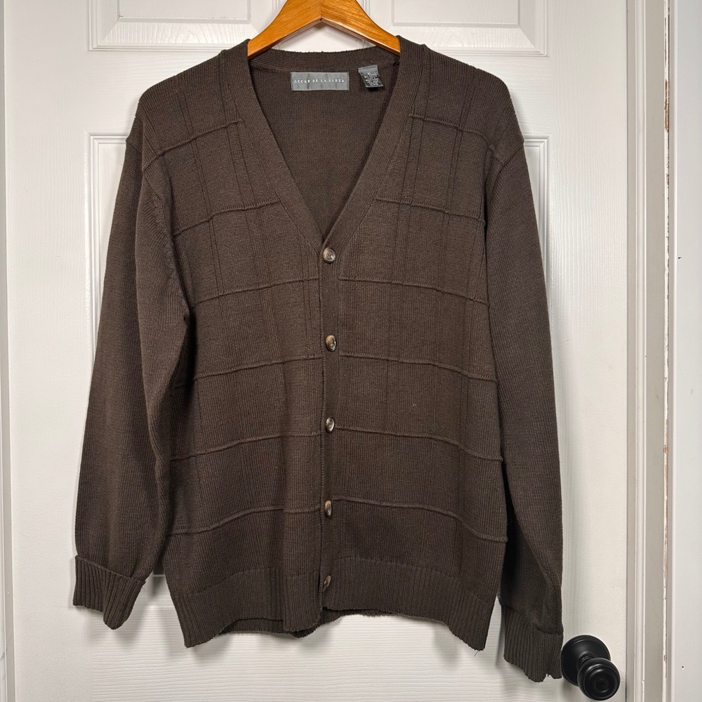 Oscar de la Renta Mens Brown Grid Textured V-Neck Button Front Cardigan XL